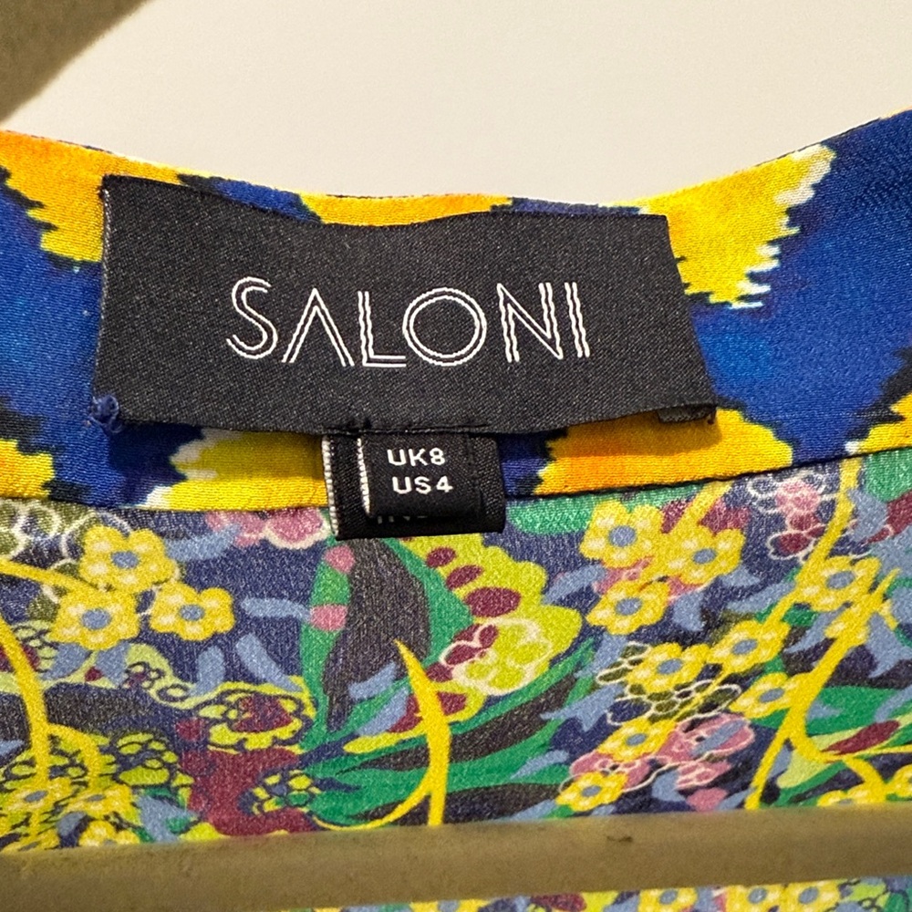 SALONI Multicolor Floral Long Sleeve Silk Dress with Yellow Trim - Picture 5 of 5